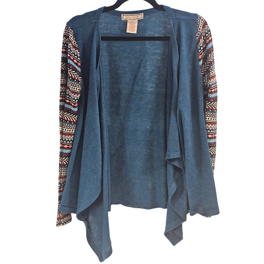 Flying Tomato‎ Teal Blue Aztec Print Sleeve Open Front Cardigan Sweater Women L